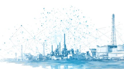 Obraz premium Conceptual image of a smart factory with a digital data network overlay, illustrating industrial automation and technology innovation