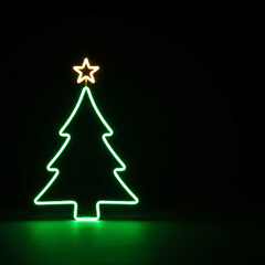 Neon light in shape of Christmas tree glowing on dark plain background, minimal modern holiday concept