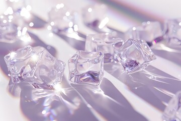 Ice cubes are sparkling on a reflective surface with purple lighting, creating a cool and refreshing atmosphere