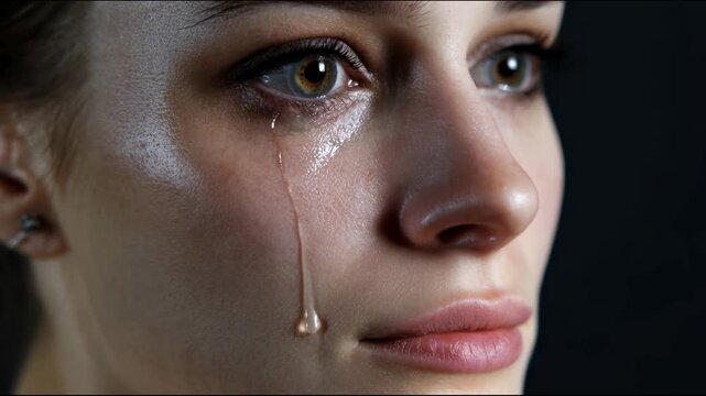 Close-up of a girl's face with a tear rolling down her cheek and slowly extending downward