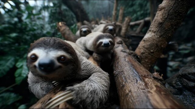 A group of sloths slowly crawling along wet logs in the jungle, with the front sloth approaching the camera while others stay behind in a line