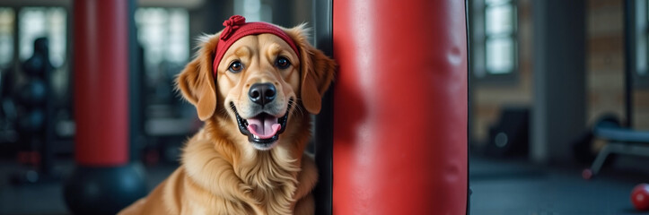Golden retriever in gym with red bandana, dog relaxing near punching bag. Golden retriever posing in gym setting, dog taking break after exercising, looking at camera.
