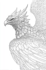 Detailed line drawing of a mythical creature with intricate wing and feather design.