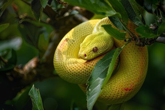Vibrant green tree python coiled around a branch, scales glistening in dappled sunlight amidst green leaves