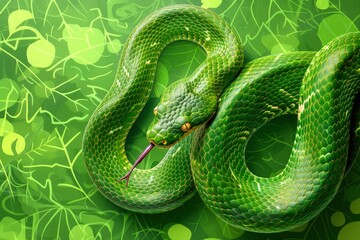 Fototapeta premium Striking image of a vibrant green snake against a backdrop of lush foliage, showcasing the beauty and intrigue of wildlife