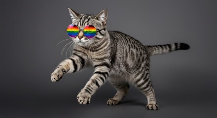 A tabby cat wearing round rainbow sunglasses striking a pose against a gray background in a studio shot