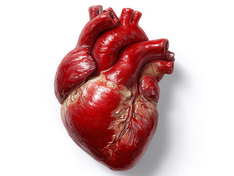 Highly detailed illustration of a human heart with vivid texture and structure, showing anatomical features and blood vessels on white background