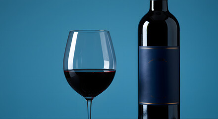 Red wine glass and bottle with blank label.