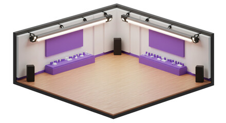 Isometric View of an Empty Exhibition Hall with Purple Displays and Lighting