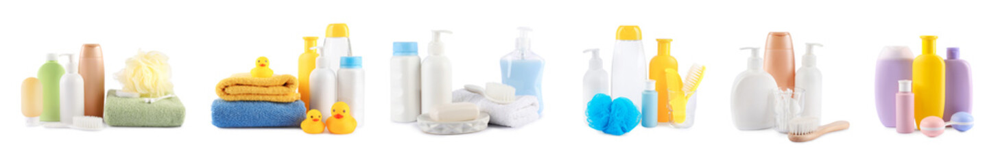 Baby accessories and toiletries isolated on white, set