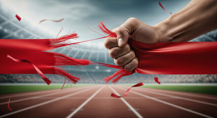 A runner's hand breaking the finish line tape in a race an action shot of victory success and achieving a goal with copy space on the track