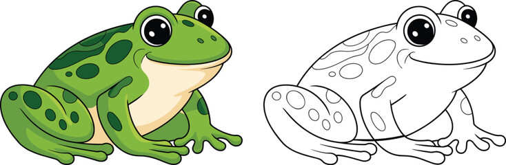 Cartoon frog coloring page, side-by-side colored and outline version, fun amphibian drawing for kids, educational vector art for children
