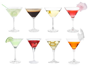 Different cocktails in martini glasses isolated on white, set