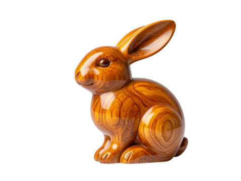 Angled Wooden Rabbit Figurine with Polished Finish, Decorative Accent, Isolated on Transparent Background - Powered by Adobe