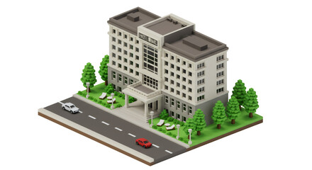 Pixel Art City Hotel Building with Cars and Trees