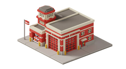 Pixel Art Fire Station Building Model on Transparent Background