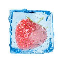 Fresh strawberry in ice cube isolated on white