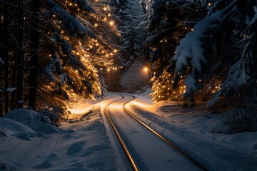Snow covered train tracks curve through a magical forest illuminated by warm, festive lights, creating a picturesque winter scene