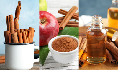 Cinnamon powder, sticks and oil. Collage with aromatic spice