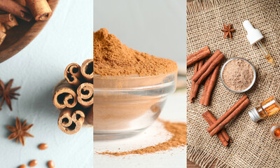 Cinnamon powder, sticks and oil. Collage with aromatic spice