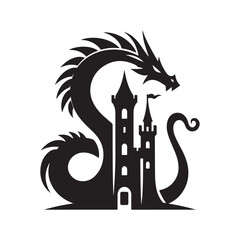 dragon curled around castle tower vector silhouette clip art logo design illustration