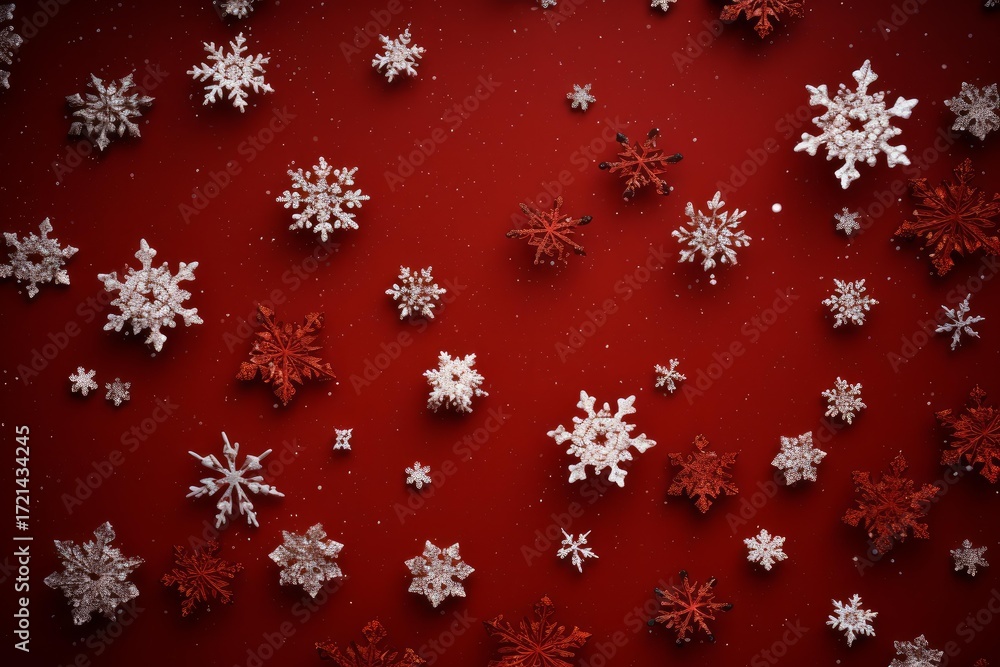 Poster red and white snowflakes creating a christmas pattern on a red glittering background