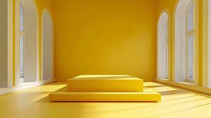 Minimalist yellow studio interior with sunlight and geometric podium for product display or modern presentation background