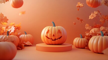 Festive Halloween pumpkin arrangement with glowing jack o lantern and autumn leaves on orange background for seasonal decoration
