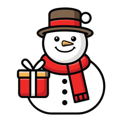Happy snowman wearing a hat and scarf holding a christmas gift  isolated on white background.