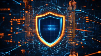 Digital cyber security shield icon with futuristic technology background and glowing network connections