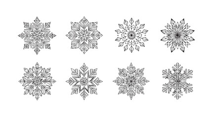 Collection of intricate snowflake designs in a distinctive silhouette style