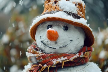 Happy snowman with carrot nose, hat and scarf is enjoying snowfall in a winter wonderland
