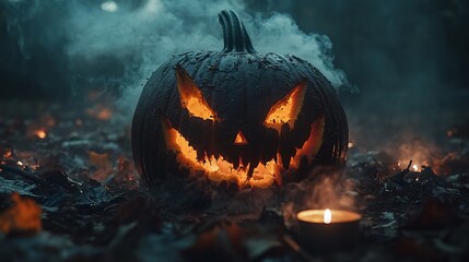 Dark Halloween pumpkin with glowing carved face in spooky night atmosphere surrounded by mist