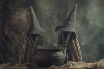 Fototapeta premium Vintage witch-hat ghosts beside rustic cauldron bubbling herbs in soft candlelight haze, forest green & charcoal tones