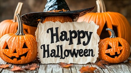 Halloween pumpkins with carved faces and Happy Halloween sign arranged in festive autumn setting
