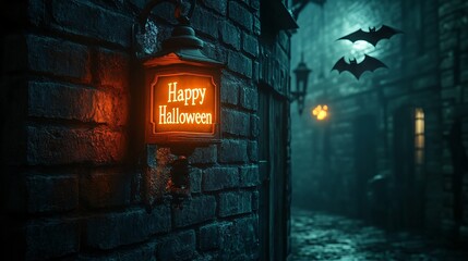 Dark spooky Halloween alley with glowing Happy Halloween sign on wall in mysterious night atmosphere