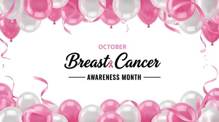 October breast cancer awareness month banner with pink and white balloons and text on white background isolated on white background support for breast cancer patients