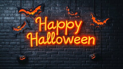 Neon glowing Happy Halloween sign with bats on dark brick wall background for festive spooky decoration