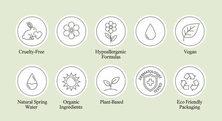Fototapeta premium Eco-Friendly Cosmetic Icons Cruelty-Free, Vegan, & Natural Product Labels