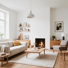 Scandinavian Living Room with Fireplace Interior