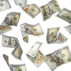 Money (dollar bills) flying against white background