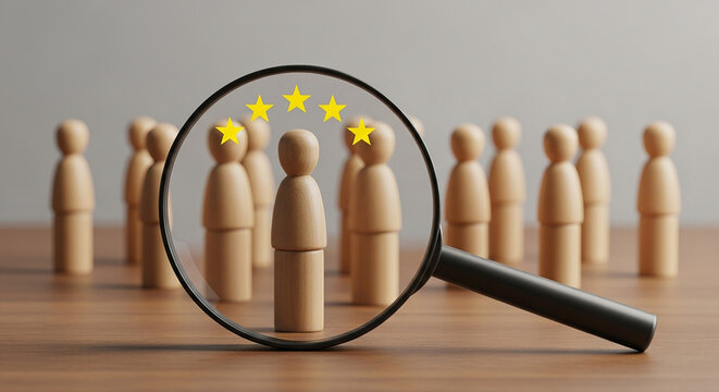 Talent Spotlight Finding Top Performers Through Focused Recruitment with Star Ratings and Wooden Figures Under Careful
