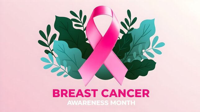 Breast cancer awareness month illustration with pink ribbon and green leaves on a pink background, raising awareness and support for the cause