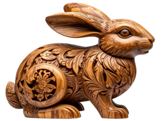 Top-Down View of Wooden Rabbit Sculpture, Detailed Craftsmanship, Isolated on Transparent Background.