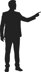Silhouette of man in suit pointing, leadership gesture vector, business presentation pose, decision-making concept, formal figure illustration, direction icon