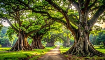 Obraz premium A sun-drenched pathway leads through a grove of ancient trees, their expansive branches creating a verdant canopy overhead.