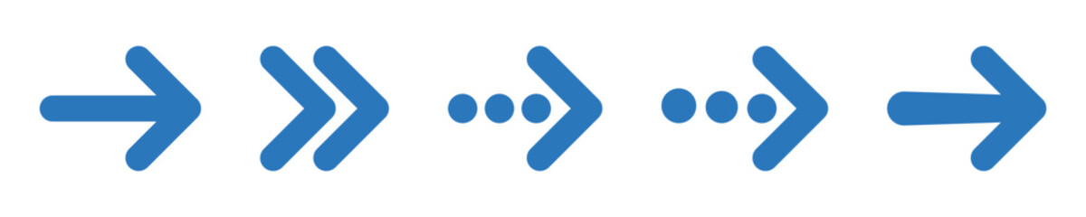Blue rounded right arrows set. Next, enter, swipe, scroll button. Flat icon. Continue icon. East arrow.