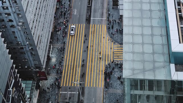 Hong Kong, Aerial view of street with traffic and pedestrian people in finance district of Hong Kong