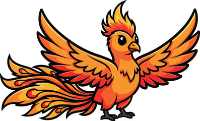 Obraz premium Cartoon Phoenix Bird, Firebird, Mythical Creature, Wings Spread, Orange, Cute