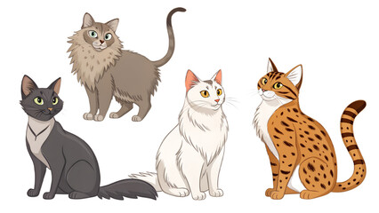 Various Cats PNG – Cartoon and Realistic Cat Illustrations of Different Breeds on Transparent Background